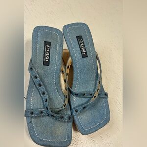 Vintage 90s Y2K SPLASH Denim Metal Studs Wooden Platform Heels Women’s
